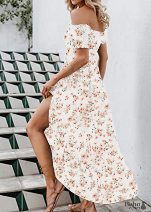 Vestido largo de verano bohemio con escote Bardot y flores Ximena